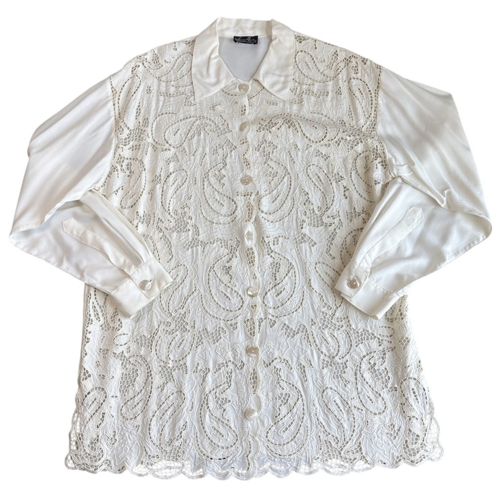 Lauren Nicole Vtg Cream‎ Paisley Lace Button Up Shirt Large Long Sleeve Boho